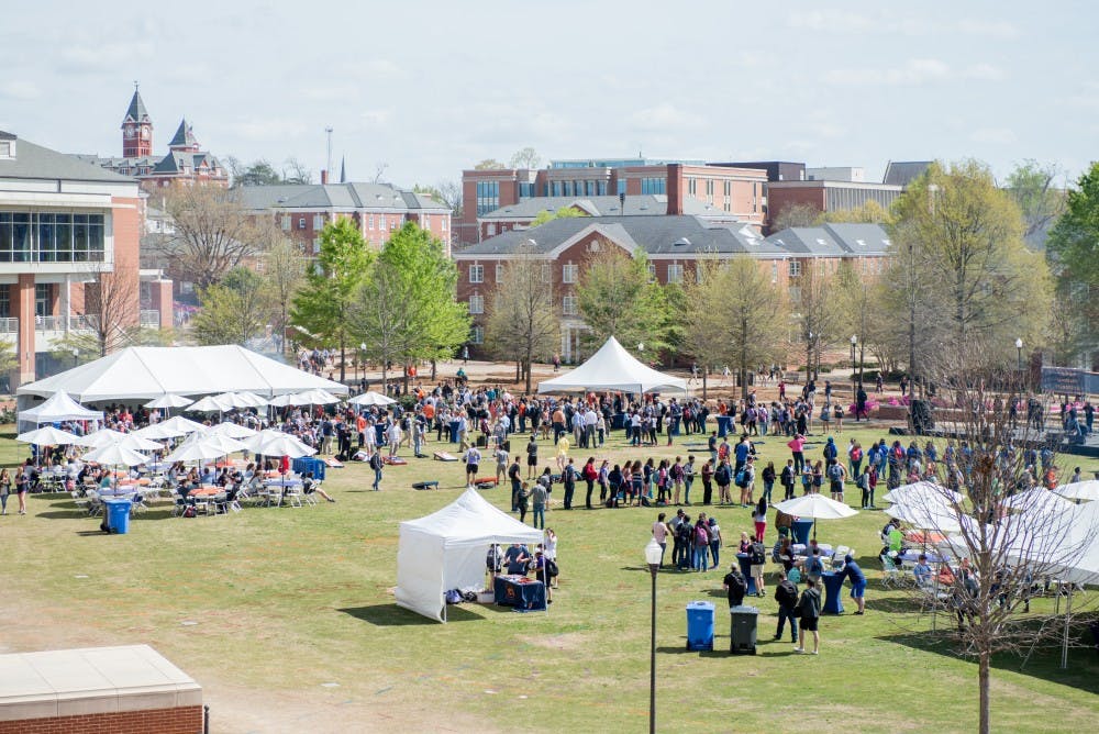 Students gather&nbsp;at the student celebration for Dr. Steven Leath's installation, on the Student Center Greenspace in Auburn, Ala. on Wednesday, March 28, 2018.