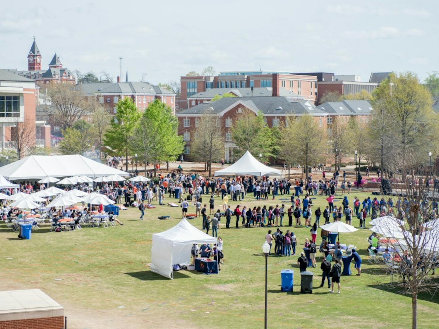 Students gather at the student celebration for Dr. Steven Leath's installation, on the Student Center Greenspace in Auburn, Ala. on Wednesday, March 28, 2018.