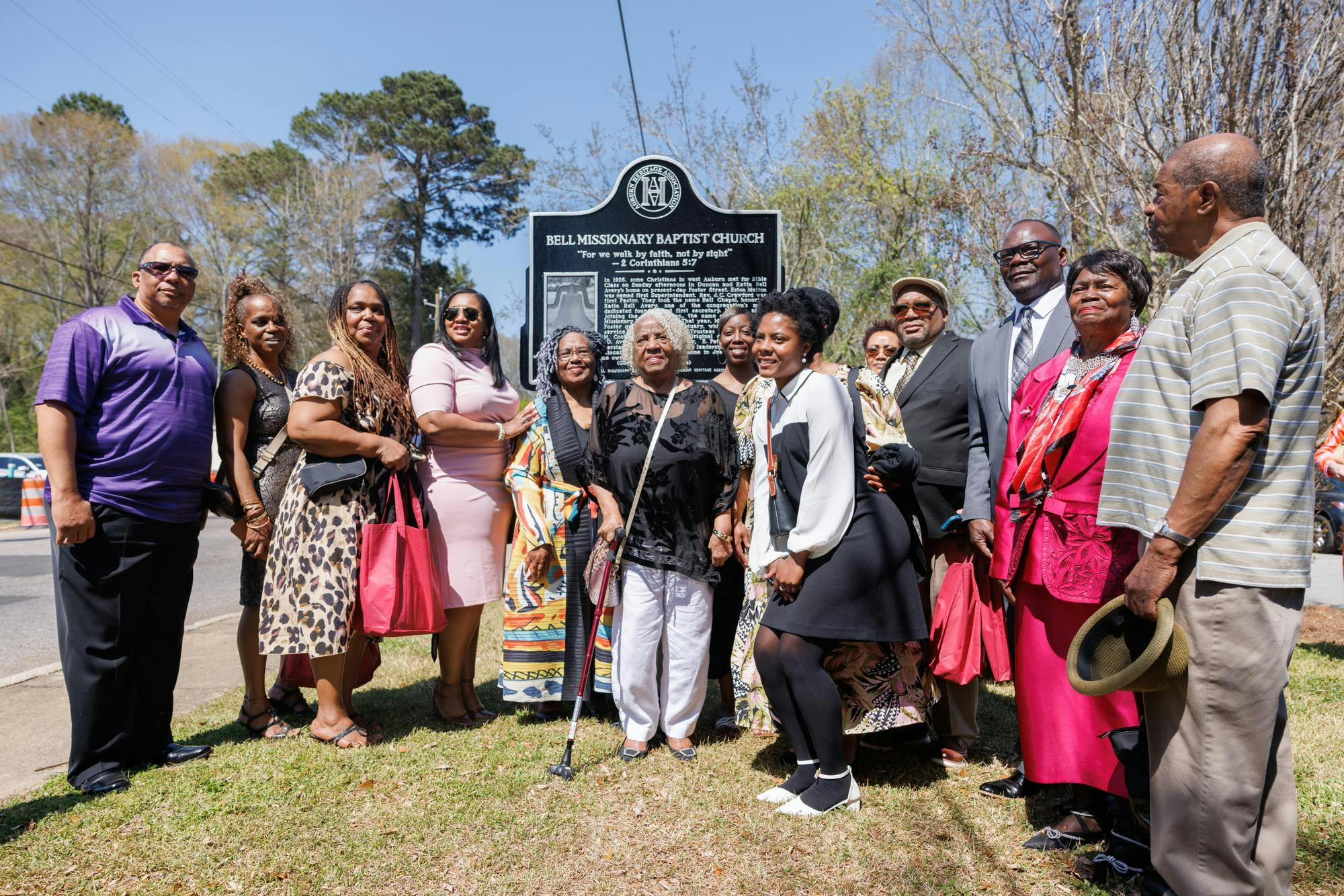 Family of the late Katie Bell Avery stand in front of the newly erected historical marker in front of Bell Missionary Baptist Church, Sunday, March 22, 2026 in Auburn, Alabama.