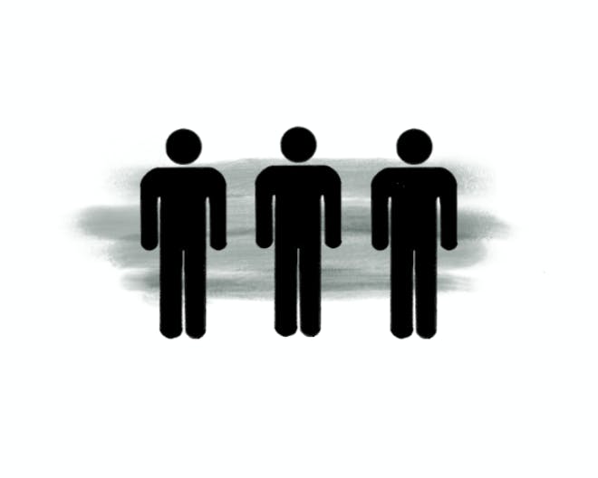 Three simple black figures of people stand side by side against a soft, gray background.