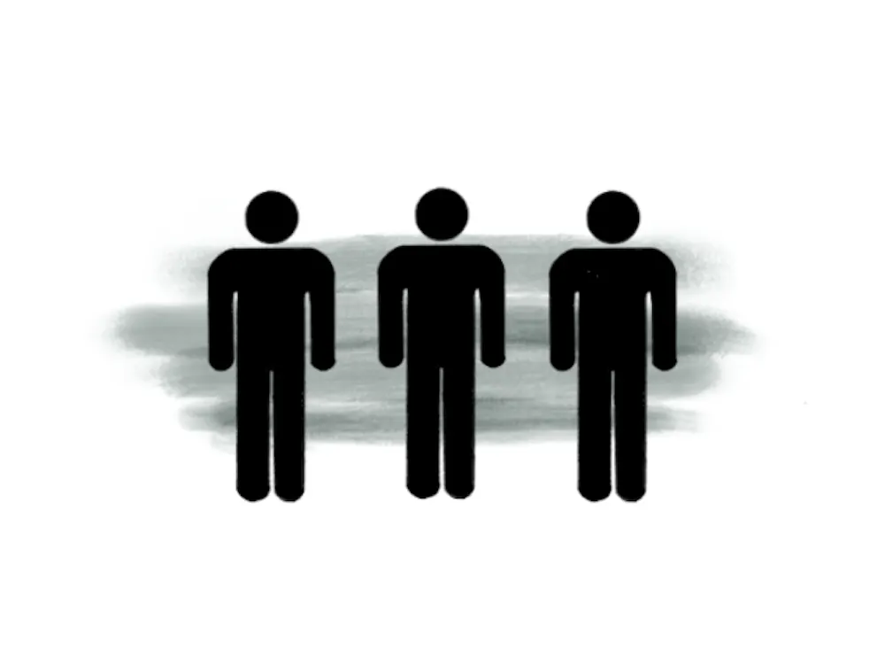 Three simple black figures of people stand side by side against a soft, gray background.
