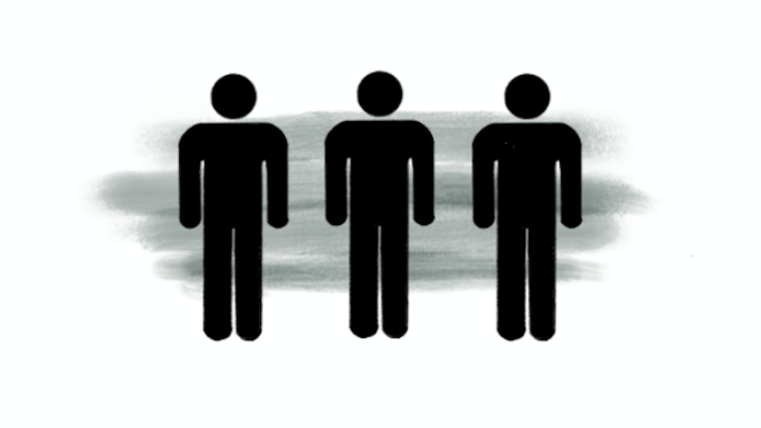 Three simple black figures of people stand side by side against a soft, gray background.