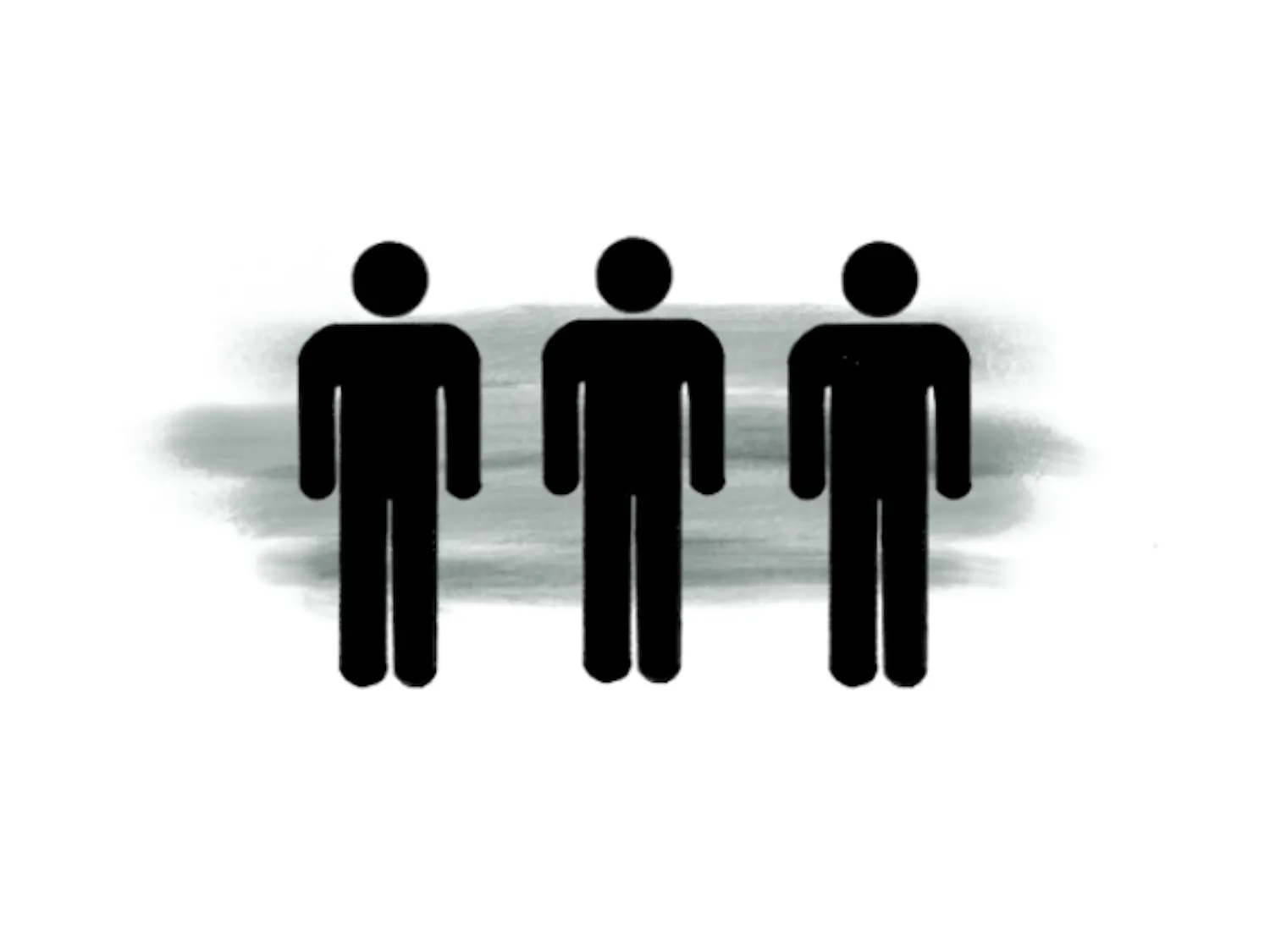 Three simple black figures of people stand side by side against a soft, gray background.