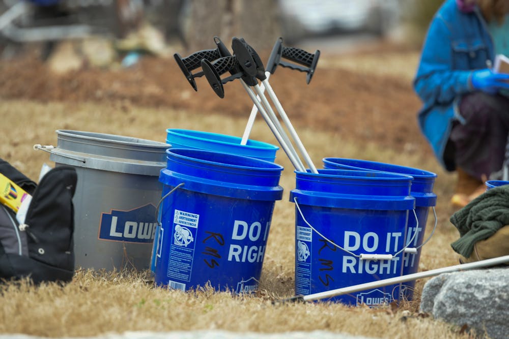<p>Buckets used for the Parkerson Mill Creek Cleanup on Feb. 16, 2024.&nbsp;</p>
