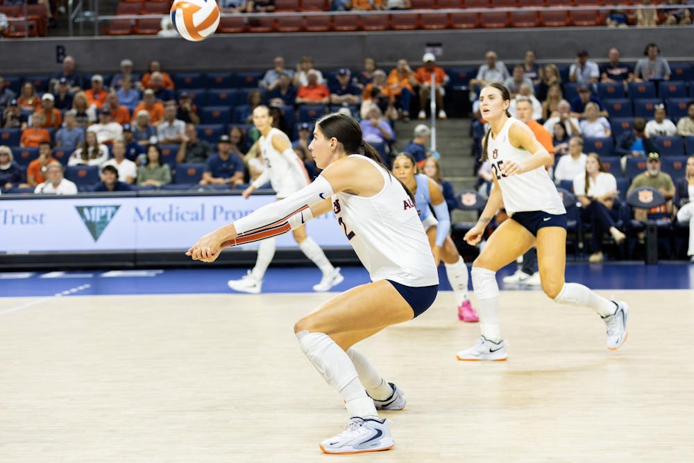 <p>Lauren Dreves (#2) bumps the volleyball in Neville Arena versus the University of Virginia on Sept. 9, 2025.</p>