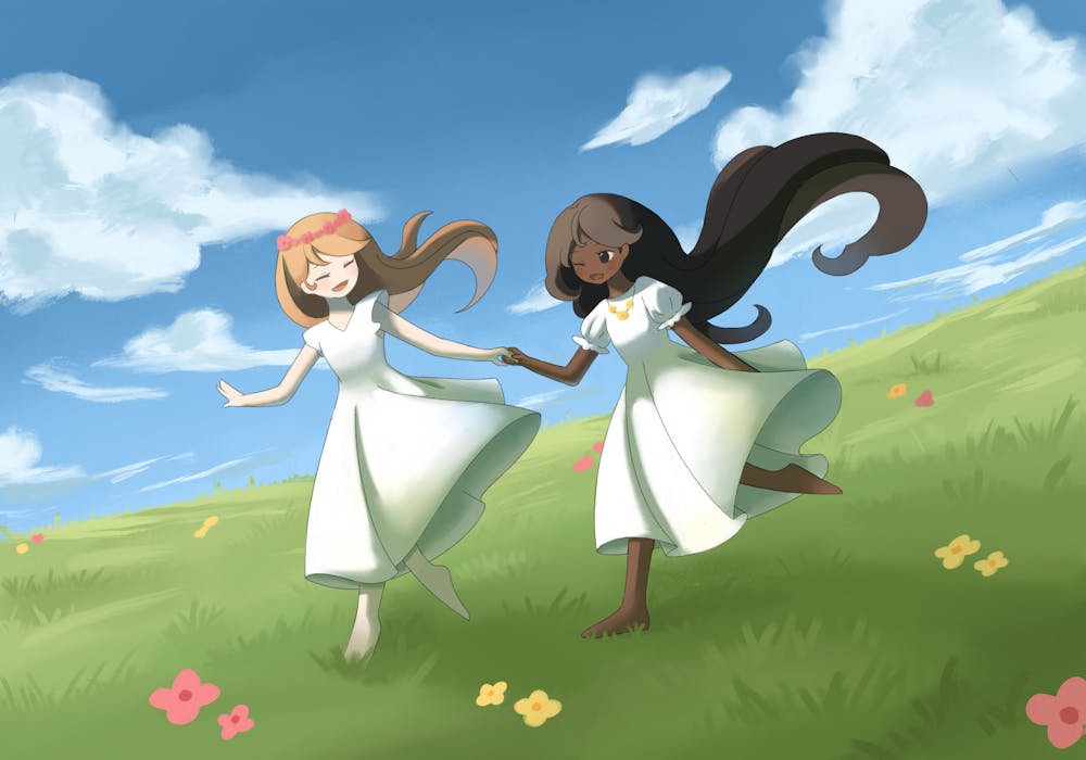 <p>Two girls in white dresses are joyfully holding hands while running through a grassy field with colorful flowers under a blue sky.</p>