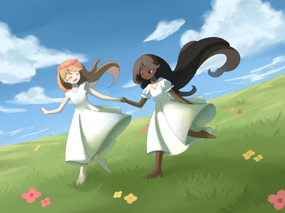 Two girls in white dresses are joyfully holding hands while running through a grassy field with colorful flowers under a blue sky.