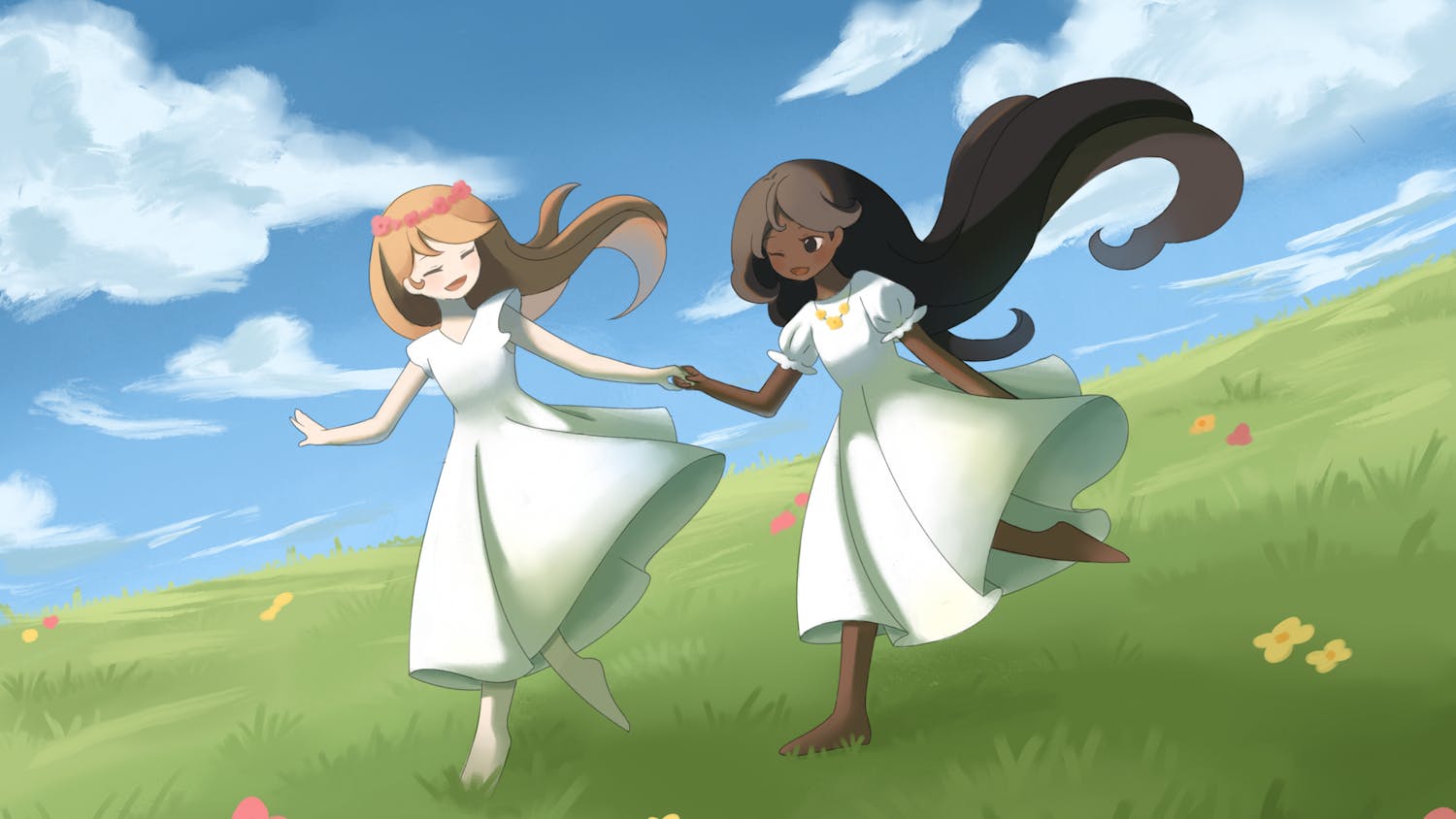 Two girls in white dresses are joyfully holding hands while running through a grassy field with colorful flowers under a blue sky.