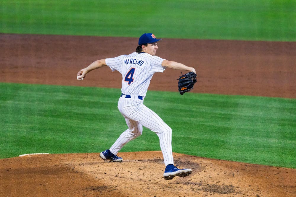 <p>Jake Marciano delivers home against Arkansas at Plainsman Park on April 3, 2026.</p>