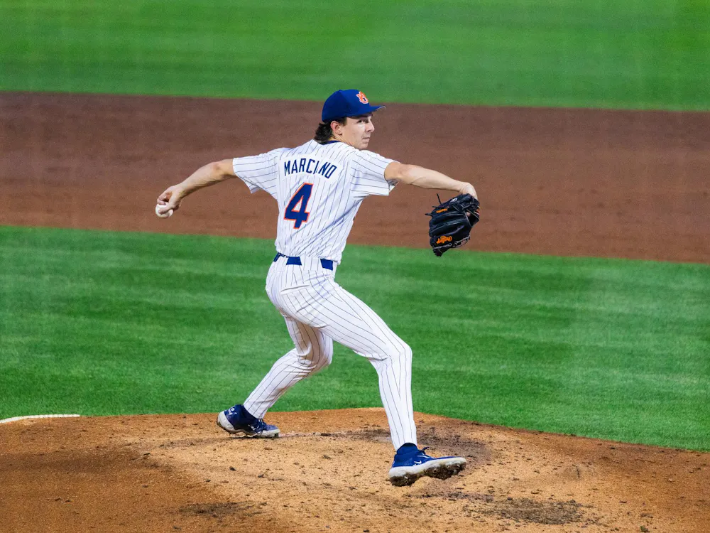 Jake Marciano delivers home against Arkansas at Plainsman Park on April 3, 2026.