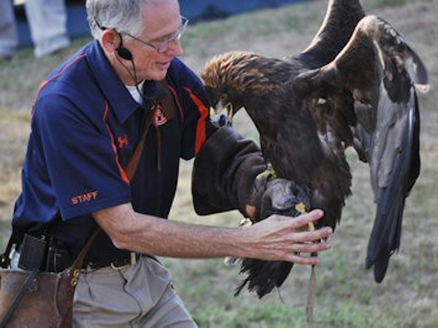 Trainer Roy Crowe shows off War Eagle VII, Nova, Friday at the Southeastern Raptor Center. (Katie Wittnebel / PHOTOGRAPHER)