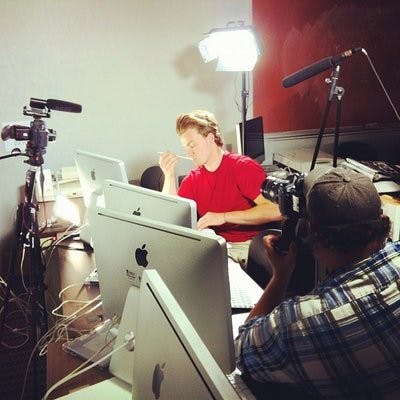 Matthew Barnes films a scene in the Telfair Peet Theatre computer lab on May 17. (Courtesy of Alessio Summerfield)