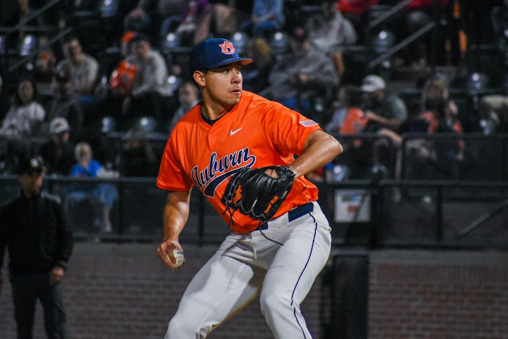 <p>Alex Petrovic (43) throws first pitch in game two of doubleheader against Youngstown State in Plainsman Park on February 14, 2026.</p>