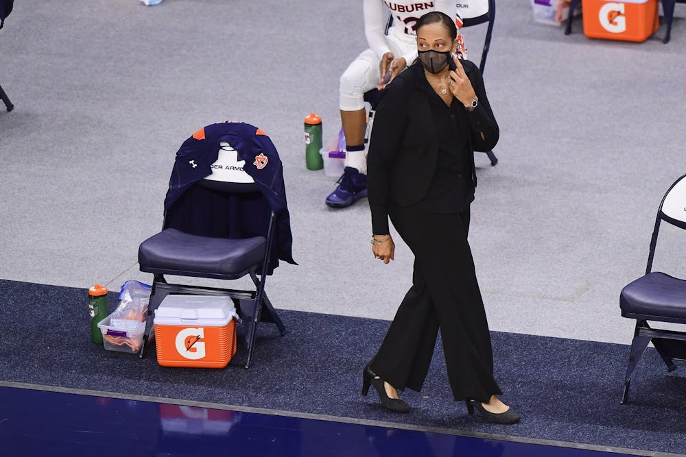 Jan 3, 2020; Auburn, AL, USA; Auburn Tigers head coach Terri Williams-Flournoy reacts during during the game between Auburn and Georgia at Auburn Arena. Mandatory Credit: Shanna Lockwood/AU Athletics