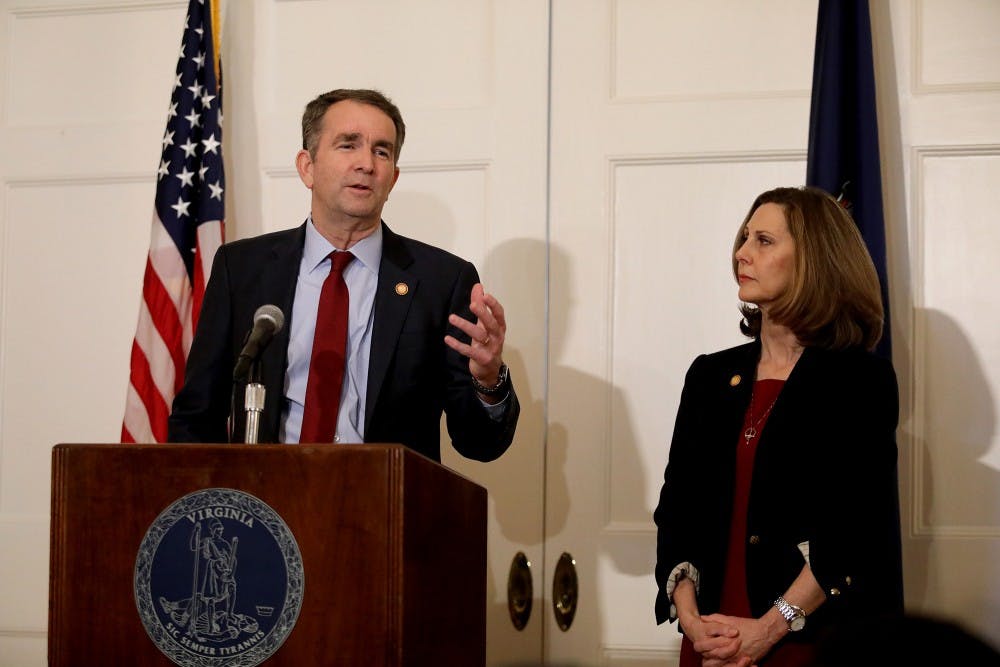 Virginia Gov. Ralph Northam, with his wife Pam at his side, said at a news conference in the Executive Mansion on Saturday, Feb. 2, 2019, that he is not the person in the racist photo in the EVMS yearbook and he will not resign. (Steve Earley/Virginian Pilot/TNS)