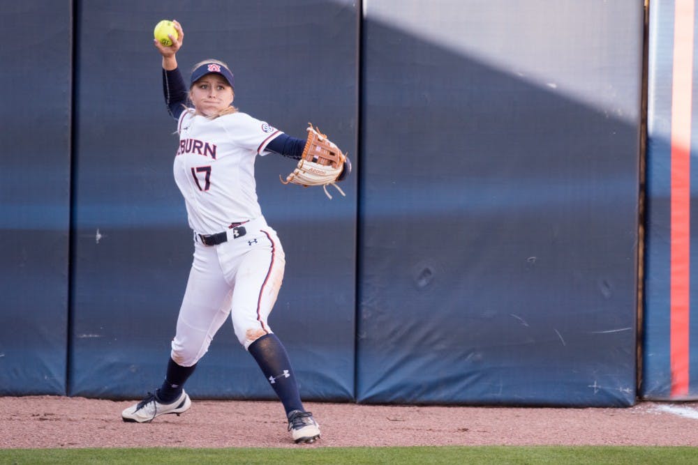 <p>Morgan Podany throws the ball from the outfield&nbsp;during Auburn softball vs. UNCW on Sunday, Mar. 4, 2018, in Auburn, Ala.</p>