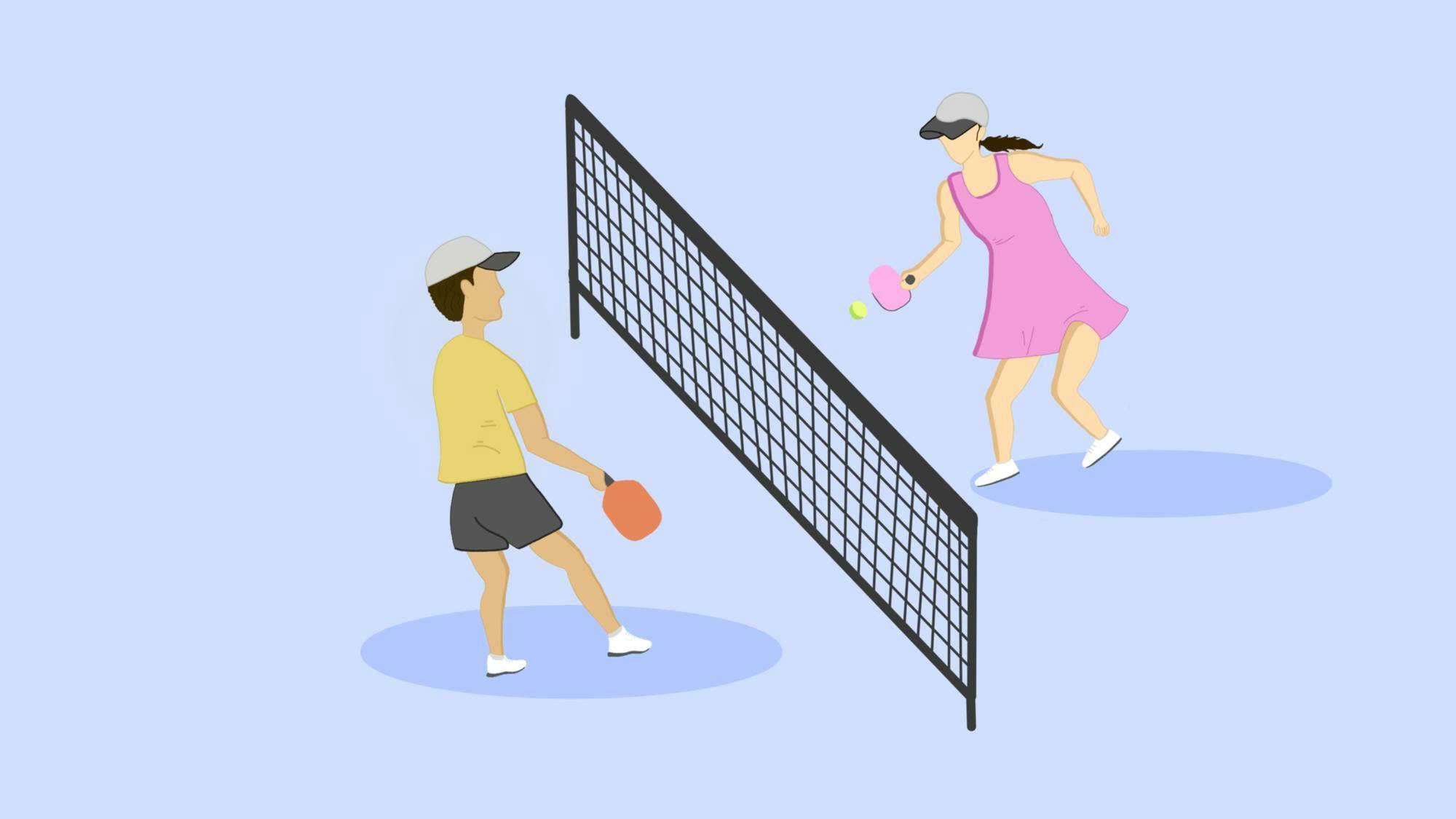 A boy in a yellow shirt and a girl in a pink dress play pickleball across a black net on a light blue background.