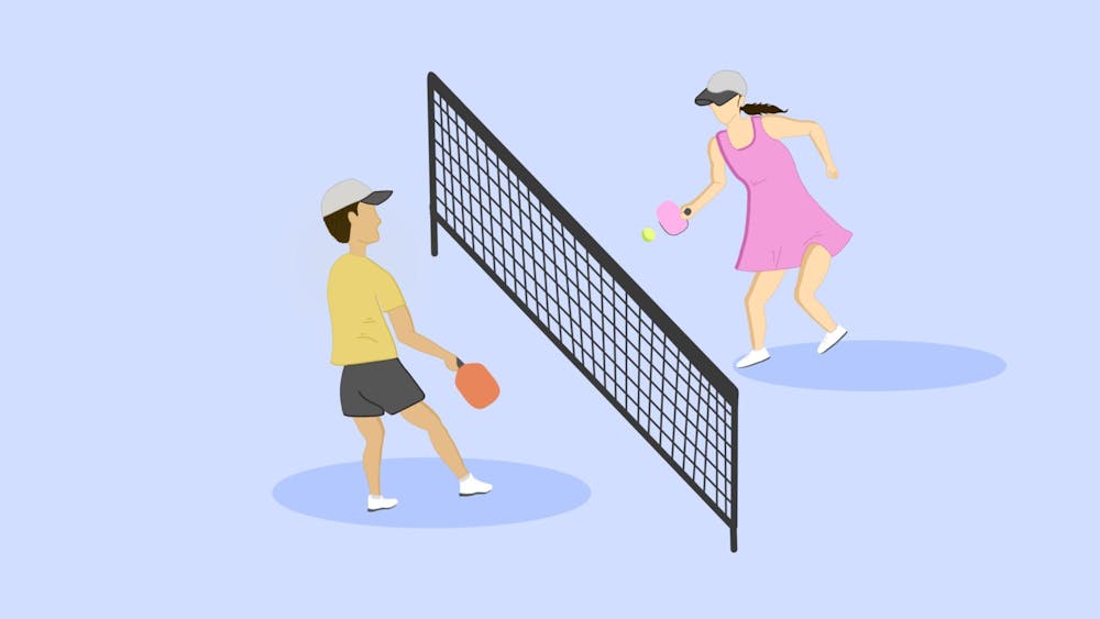 <p>A boy in a yellow shirt and a girl in a pink dress play pickleball across a black net on a light blue background.</p>