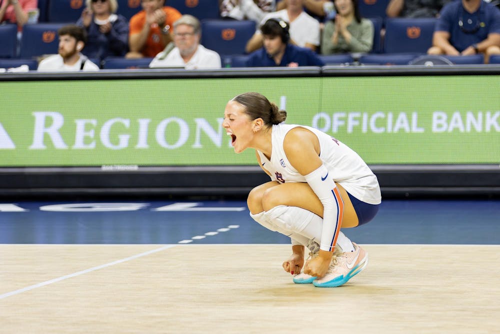 Kalei Edson (#6) celebrates a play during the volleyball game in Neville Arena versus the University of Virginia on Sept. 9, 2025.