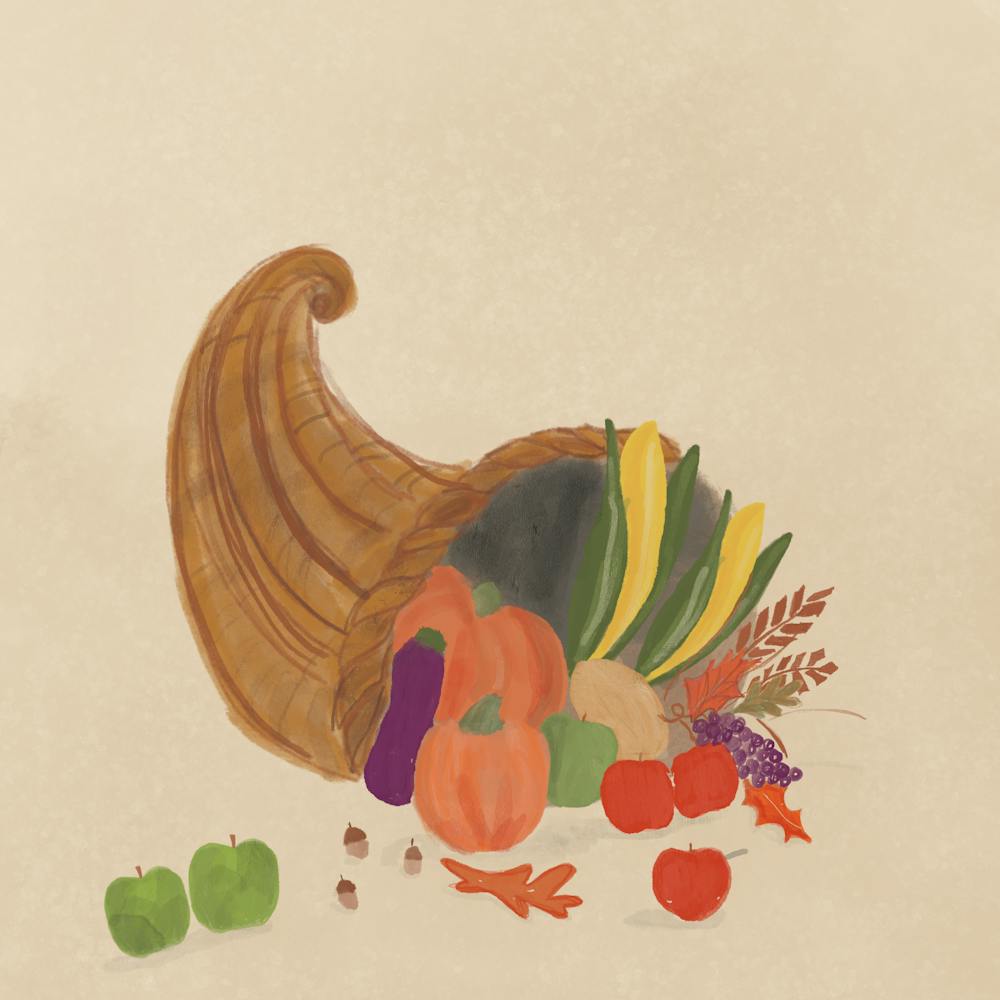 A cornucopia filled with fruits and vegetables.