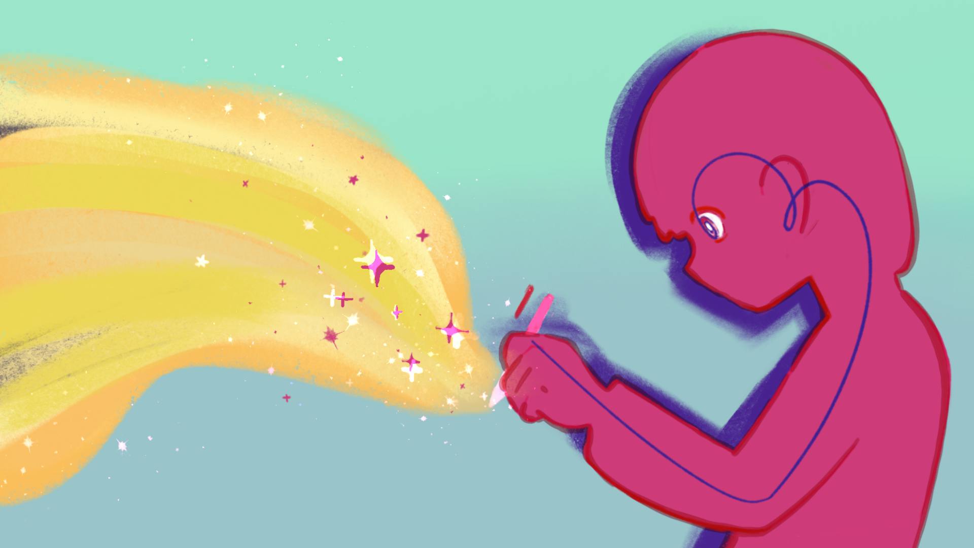 A pink figure with a head down and a pencil in hand creates a stream of sparkles and colors extending outward.