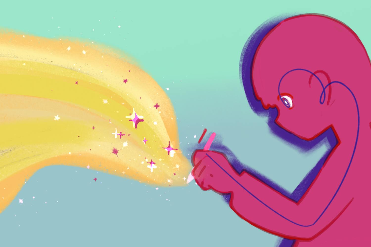 A pink figure with a head down and a pencil in hand creates a stream of sparkles and colors extending outward.