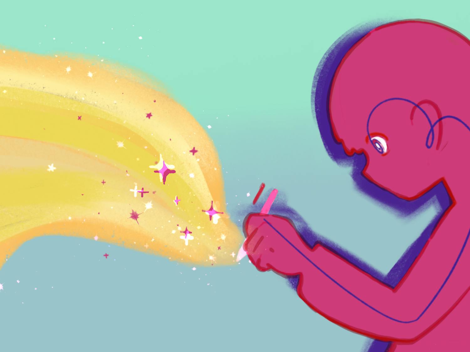 A pink figure with a head down and a pencil in hand creates a stream of sparkles and colors extending outward.