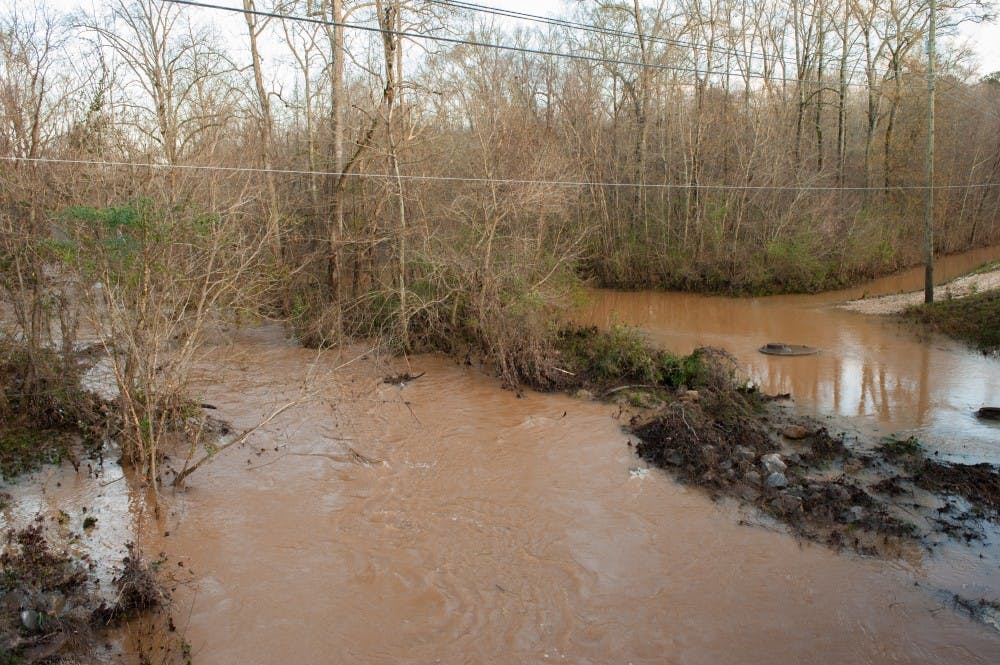 Sougahatchee Creek spread beyond its banks flooding the woods around it. Friday, Dec. 25, 2015, in Auburn, Alabama.