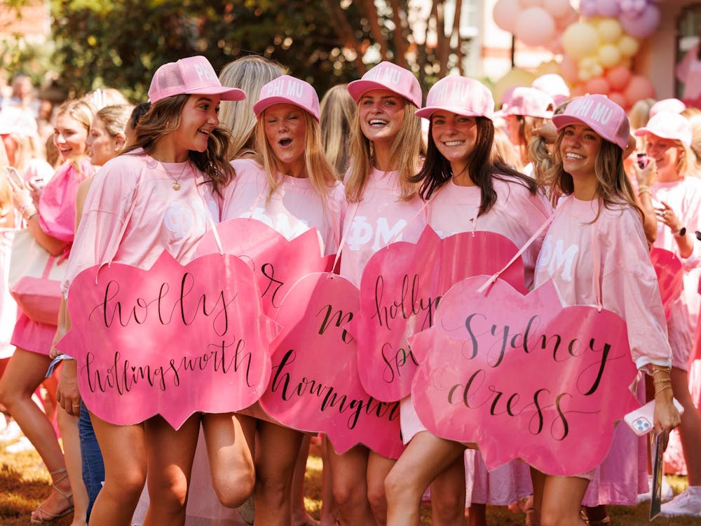 New members of Phi Mu pose for a photograph on Bid Day, Aug. 16, 2025.