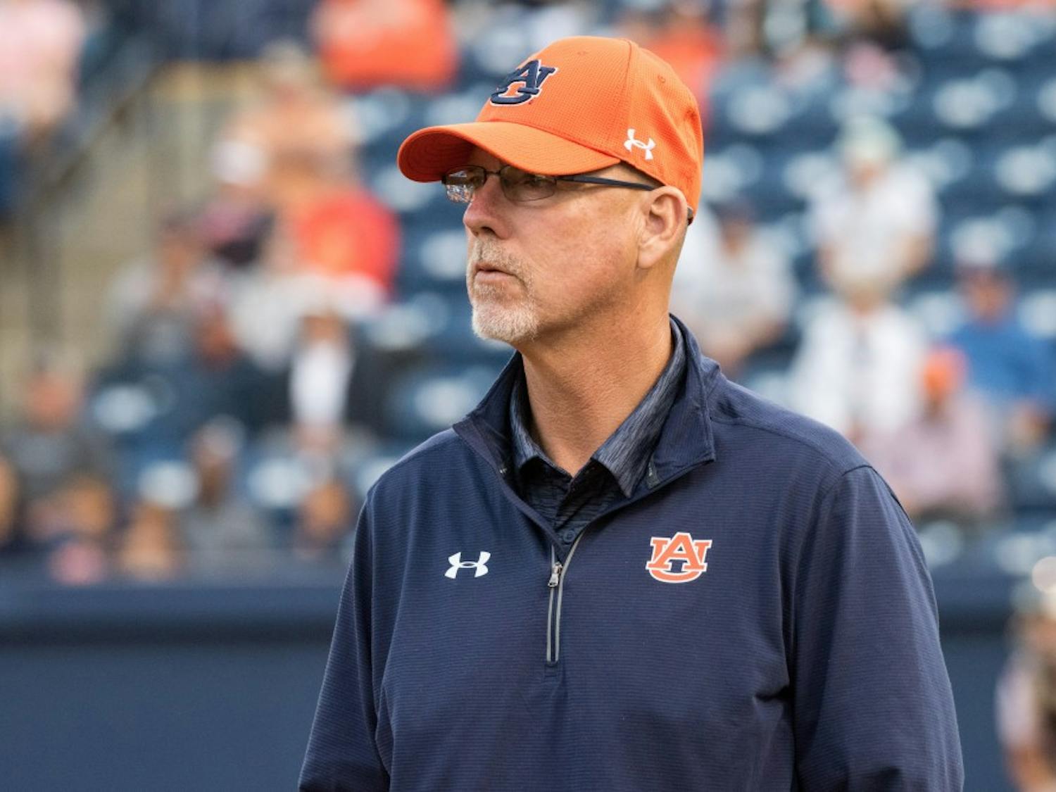 Head Coach Mickey Dean during Auburn's second doubleheader game vs. Arkansas on Saturday, April 21, 2018, in Auburn, Ala.