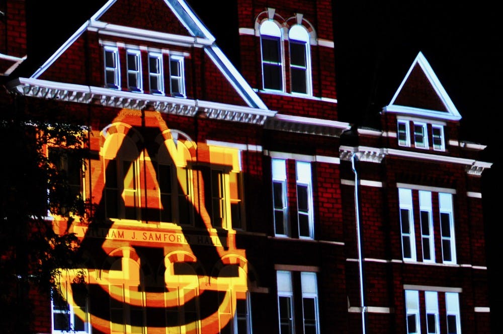 <p>Light show on Samford Hall as a thank you to donors on Friday, Sept. 14, 2018 in Auburn, Ala.</p>