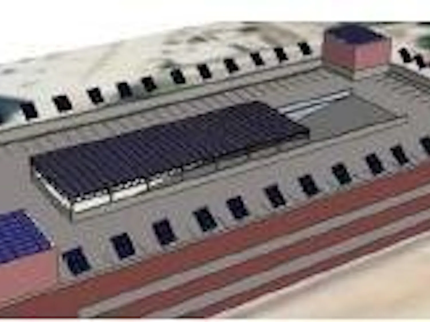 A rendering of a possible expansion of the current solar panels places panels on the other two corners and middle of the parking deck's roof. (Courtesy of biosystems engineering students)