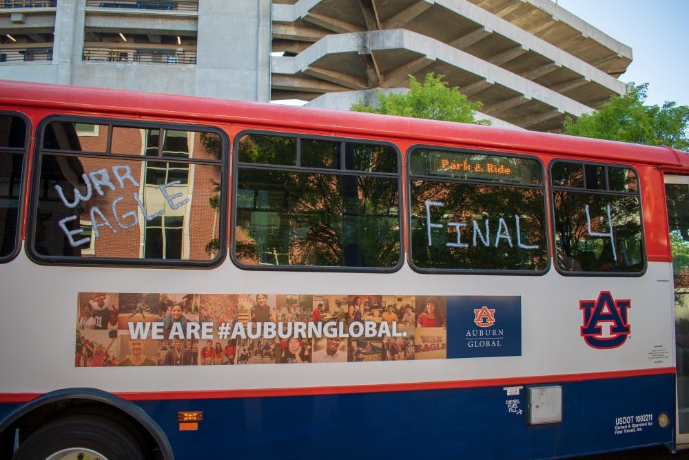 Tiger Transit bus decorated with messages celebrating Auburn Mens Basketball's first Final Four appearance in school history, on Monday, April 1, 2019, in Auburn, Ala.