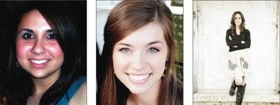 Sara Gardner(left), senior in ap- parel merchandising; Hannah Blevins(middle), senior in apparel mer- chandising; and Kelsey Reyn- olds(right), senior in apparel design.