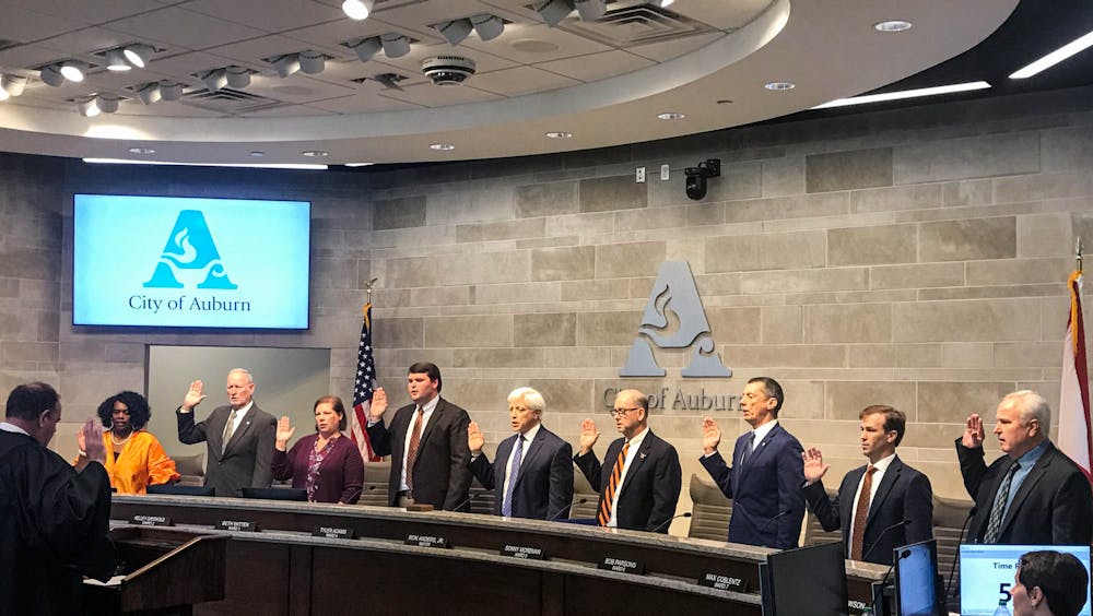 <p>On Monday, Nov. 7, the Auburn City Council was sworn in to serve the next four years. From left to right: &nbsp;Connie Fitch Taylor, Kelley Griswold, Beth Witten, Tyler Adams, Ron Anders Jr., Sonny Moreman, Bob Parsons, Max Coblentz and Tommy Dawson.</p>