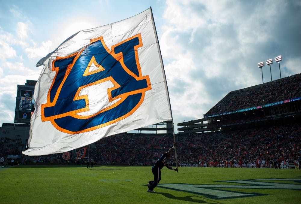 An Auburn flag flies in the endzone after a touchdown in the second half. Auburn vs ULM on Saturday, Nov. 18 in Auburn, Ala.