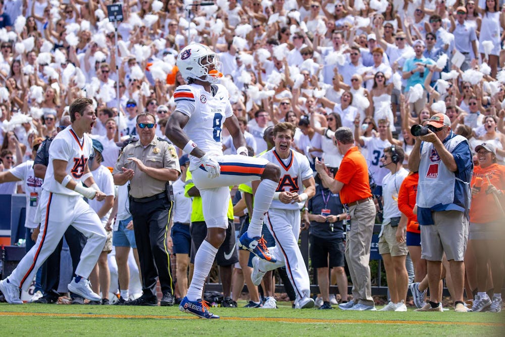 Cam Coleman celebrates after his first touchdown of the season against South Alabama on Sep. 13, 2025.