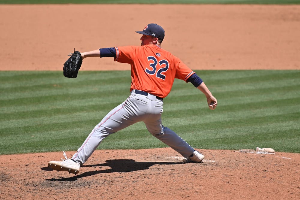 Carson Swilling pitching during a game against Georgia at Foley Field in Athens, Ga., on Saturday, May 1, 2021. (Photo by Rob Davis)