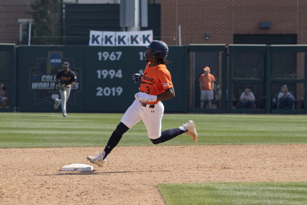 Chris Stanfield (#3) rounds second base versus Tennessee in Plainsman Park on April 7th, 2024.