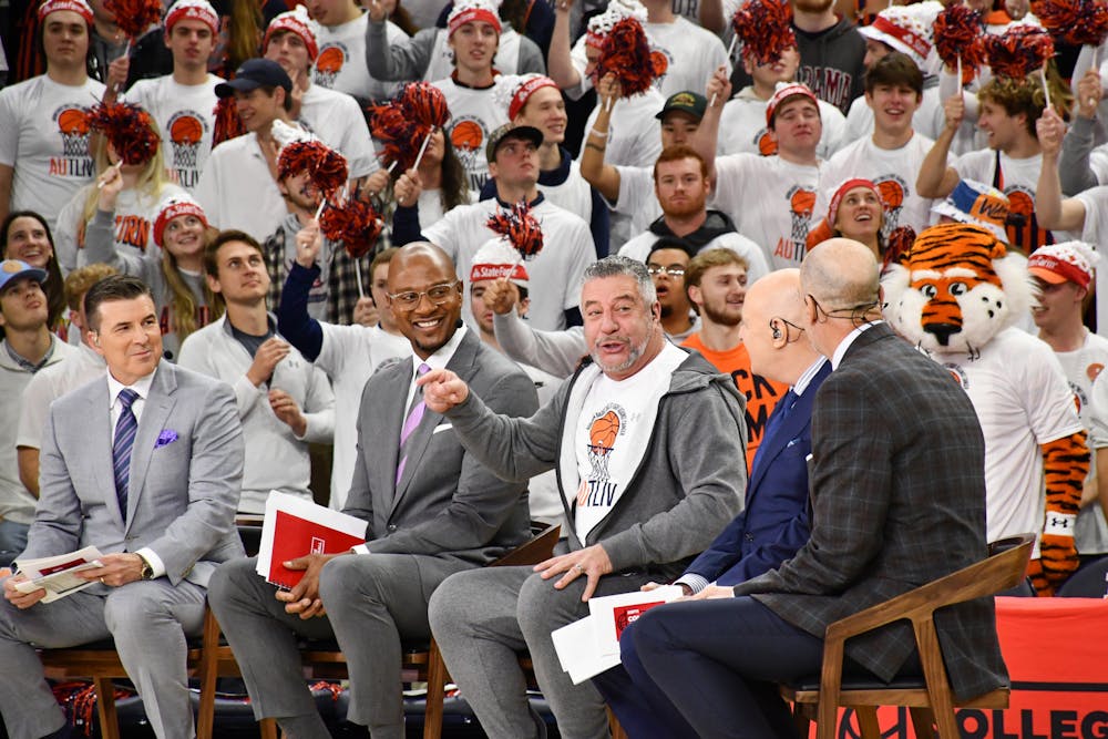 Coach Bruce Pearl joins the College GameDay show in Neville Arena on Feb. 11, 2023.