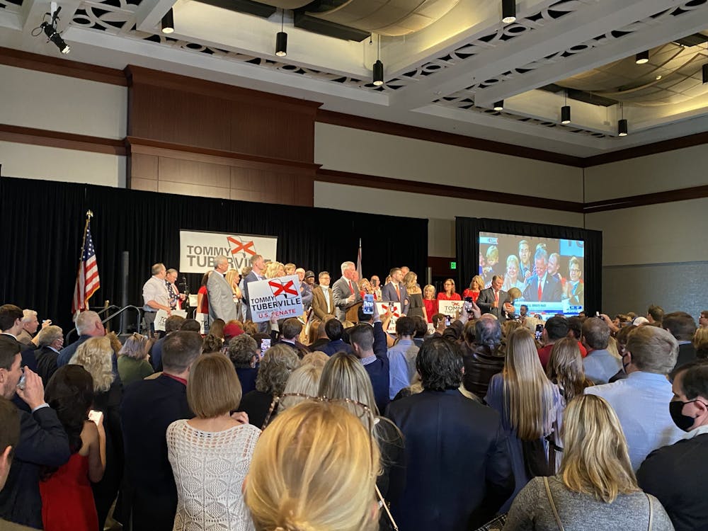 <p>Tommy Tuberville delivers his victory speech after winning the Alabama Senate race on Nov. 3, 2020.&nbsp;</p>