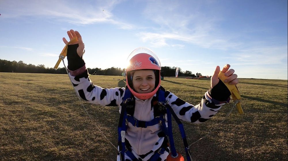 <p>Ashley George has completed 113 skydives since receiving her first tandem skydive equipment in January 2019.</p>