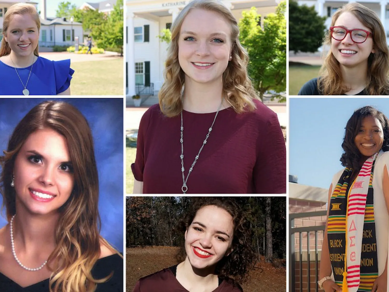 Six female Fullbright Scholarship winners. Top from left: Hayley Carter, Amanda Darnell and Sarah Pitts. Bottom from left: Kayla Frey, Katie Kirk and Alyssa Patterson. Photos contributed by the Auburn University Office of Communications and Marketing. 