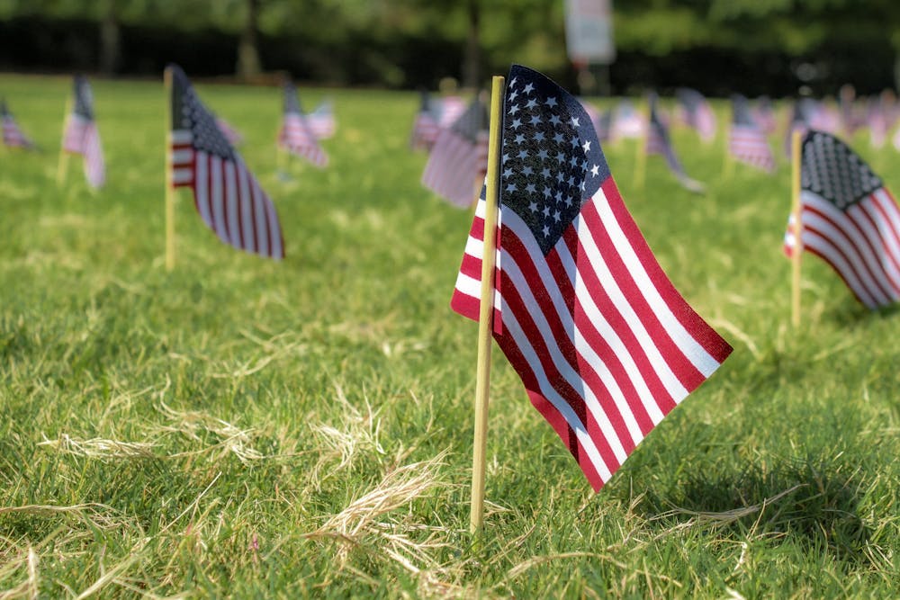 <p>143 flags displayed on Cater Lawn at Auburn University on Sept. 12, 2023 in memory of Alabama Veterans who took their lives last year.</p>