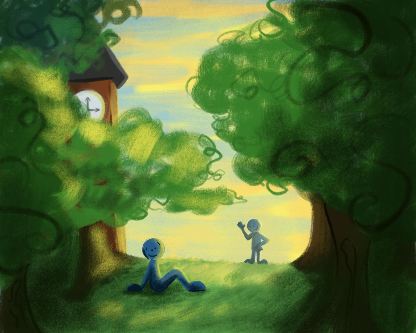 A blue figure sits on Samford Lawn while another figure waves, surrounded by lush green trees and a clock tower in the background.