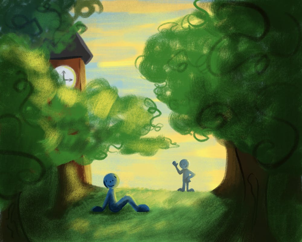 <p>A blue figure sits on Samford Lawn while another figure waves, surrounded by lush green trees and a clock tower in the background.</p>