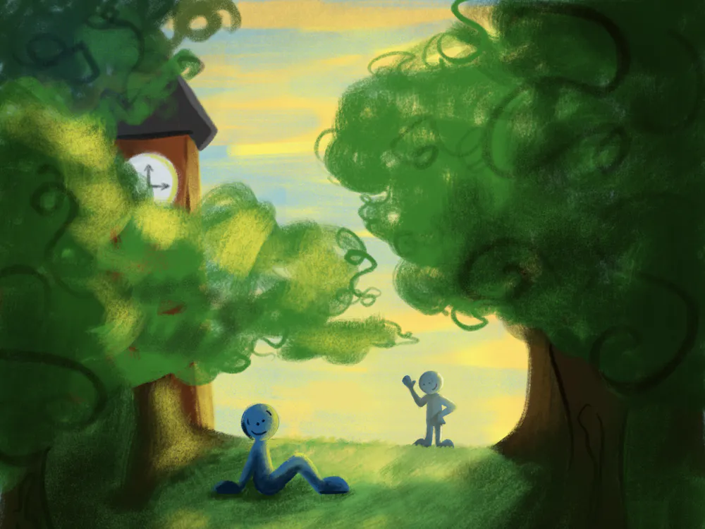 A blue figure sits on Samford Lawn while another figure waves, surrounded by lush green trees and a clock tower in the background.