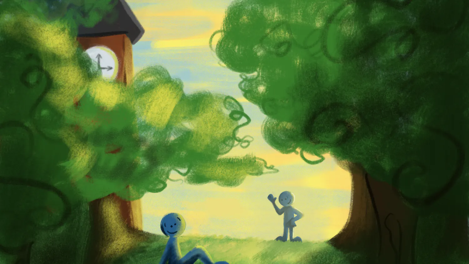 A blue figure sits on Samford Lawn while another figure waves, surrounded by lush green trees and a clock tower in the background.