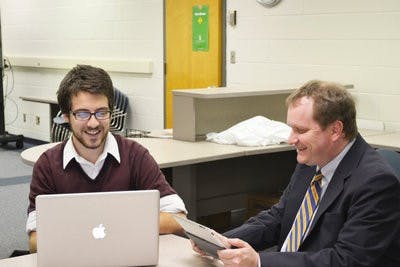 Alessio Summerfield (left) recently founded the New Media Club with help from adviser Kelly Walker. (Danielle Lowe / ASSISTANT PHOTO EDITOR)