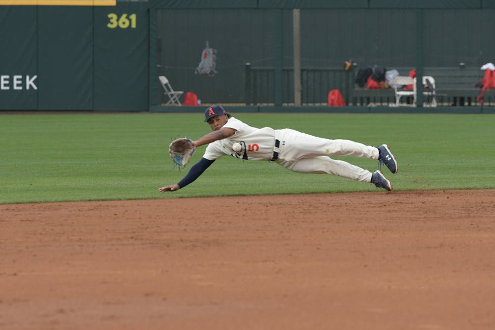 <p>Javon Hernandez (#5) makes a diving catch against Austin Peay State on March 9th 2024</p>